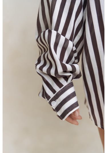 Rosy Transparan Çizgili Kahve Oversize Gömlek Kahve