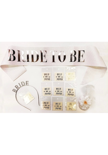 Gümüş Renk Bride Partisi Taç Kuşak Dövme Bileklik Seti Full 13 Parça