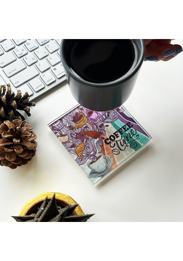 Cam Bardak Altlığı Retro Coffee 4'lü Takım Beyaz