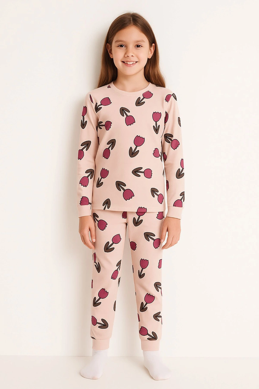 Lale Desenli Kız Çocuk Pijama Takımı Bej