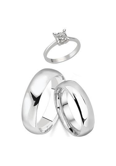 6 Mm Bombeli Gümüş Çift Alyans Söz Yüzüğü Tektaş Hediye Wr20