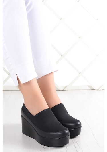 Erkan Saçmacı Carla Siyah Hakiki Deri Ön Yüz Streç Dolgu Topuklu Günlük Ayakkabı Siyah