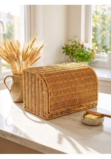 Ekmek Dolabı Kapaklı, Hasır Detaylı 35 Cm Krem