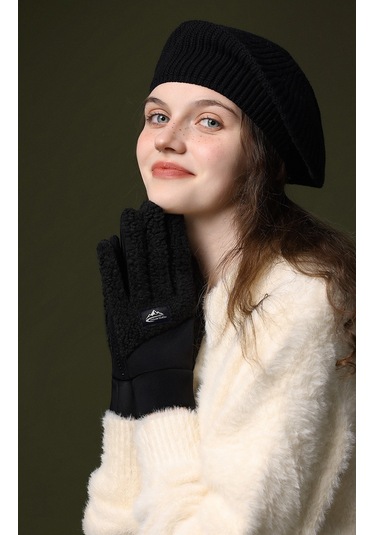 Snapbuy Unisex Kışlık, Parmak Açılır Dokunmatik, Kalın Peluş Eldiven Siyah