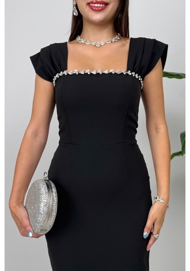 Valentia Madonna Yaka Taş İşlemeli Kalem Siyah Abiye Elbise, Zarif Davet Elbisesi Siyah