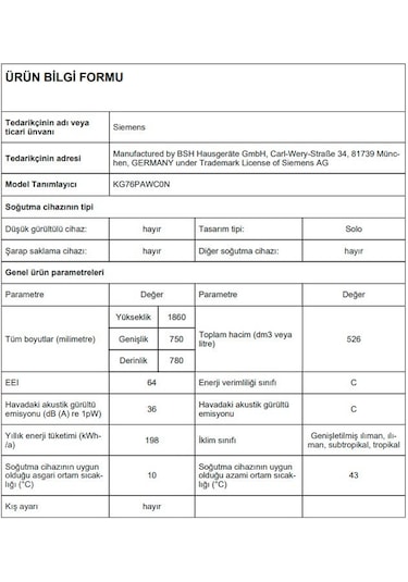 Siemens KG76PAWC0N 526 LT No-Frost Kombi Tipi Buzdolabı