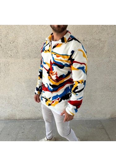 Erkek Yarım Fermuarlı Desenli Polar Sweat - Renkli Abstract Desen Yakalı, Uzun Kollu, Oversize Rahat Kalıp, - Beyaz Siyah