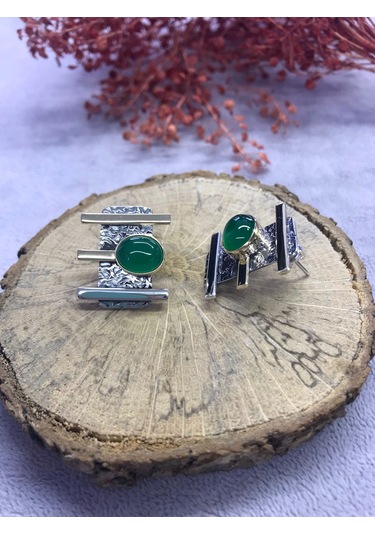 Nsa Gümüş Yeşil Akik Taşlı 925 Ayar Doğal El İşi Gümüş Set