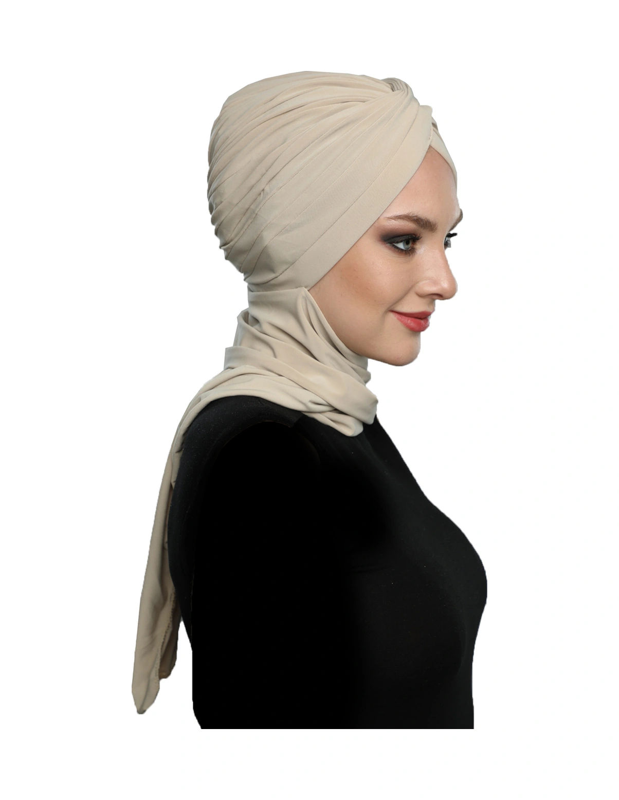 Çapraz W Atkılı Bej Hazır Türban Tesettür Bone Bej