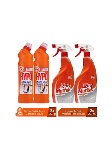 Hypo Gider Açıcı Çamaşır Suyu Çam Tazeliği 750 Gr X 2 + Hyper Active Mutfak Temizleyici 750 Ml X 2 4'lü Set