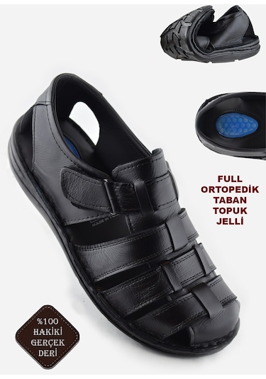 Ayakkabiburada 033 Günlük Hakiki Deri Erkek Sandalet Ayakkabı Siyah