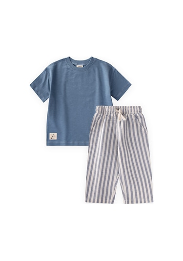 Cigit Müslin Şalvarlı T-shirt Takım 2-10 Yaş İndigo Mavi