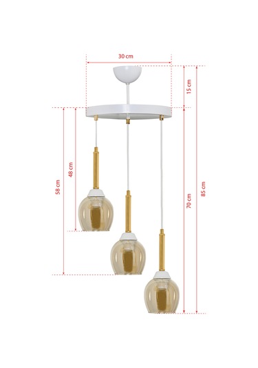 Üçlü Mandarin Sarkıt Avize Bal Rengi Camlı Gold Borulu Beyaz - Altın - Bal
