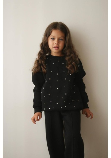 Kız Çocuk Siyah 3 İplik Şardonlu Takım Yıldız Desenli Sweatshirt & Rahat Eşofman Altı Siyah