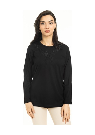 Yeni Sezon Kadın Orta Yaş ve Üzeri Yeni Desen Triko Yaka Likralı Anne Penye Bluz 30520-siyah