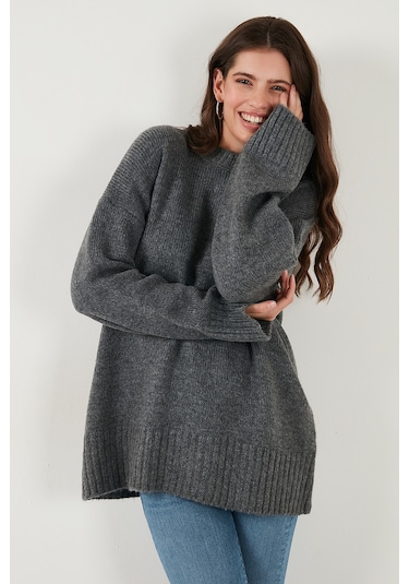 Lela Regular Fit Bisiklet Yaka Basic Triko Bayan Kazak 4616213 Antrasit