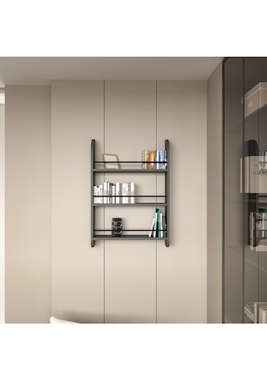 Alpa Ev Mobilya 3 Katlı Duvar Rafı, Çok Amaçlı Ahşap Kitaplık, Mutfak Banyo Montessori Ünitesi Antrasit