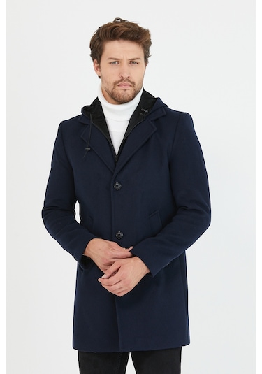 Erkek Lacivert Yün Karışımlı Kaşe Kapüşonlu Önü Fermuarlı Kaban Lacivert