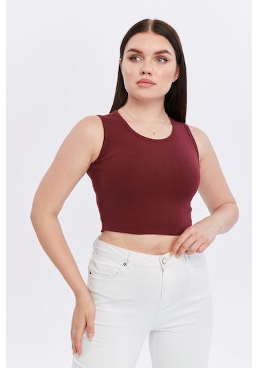 Bella Dossi Rahat Kaşkorse Kolsuz Sıfır Yaka Kadın Crop Top Bordo
