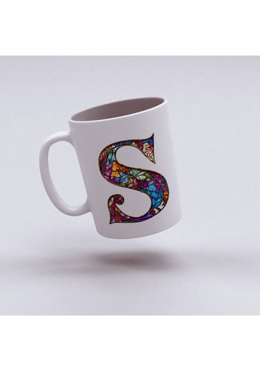 S Harfi Bardak 330 Ml İsme/harfe Özel Hediye, Renkli Harf Tasarım Beyaz