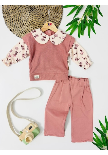 Bahrain Triko Örmeli Çiçek Yaka Ve Kol Detaylı Arkadan Çıtçıtlı Mevsimlik 2 Parça Takım Gül Kurusu
