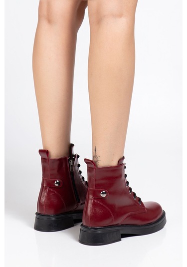 02-2003 Bordo Kırışık Rugan Bağcıklı Fermuarlı Günlük Kadın Bot Bordo
