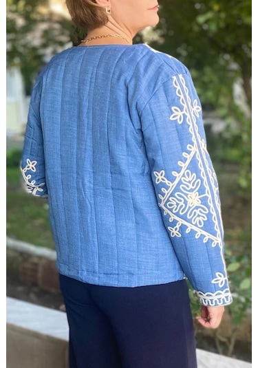 Mia Butik Kadın Mavi Bordur Nakışlı Astarlı Ceket Mavi
