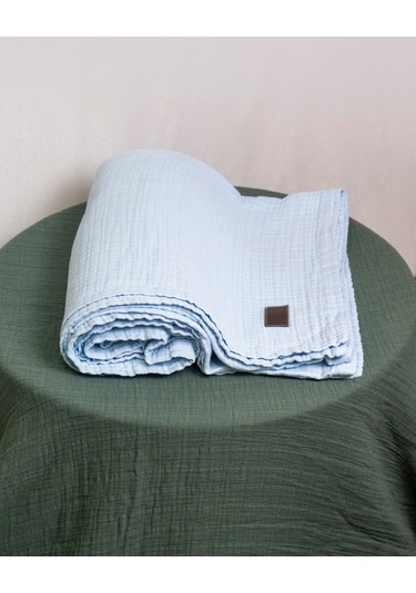 4 Katlı Müslin Yatak Örtüsü - Battaniye Pike %100 Organik Pamuk Dört Mevsim Yumuşak Gots Sertifikalı Açik Mavi