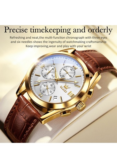 Olevs 2872 Erkekler Üç Göz Altı İğne Kronograf Su Geçirmez Kuvars Saat Beyaz + Altın