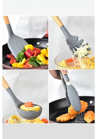 Gri 11'li Bambu Saplı Silikon Servis Seti - Kepçe, Kevgir, Maşa