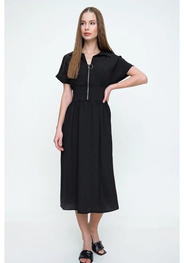 Kadın Siyah Fermuarlı Beli Büzgülü Airobin Polo Yaka Elbise Maksi Boy Uzun Rahat Ve Günlük Siyah