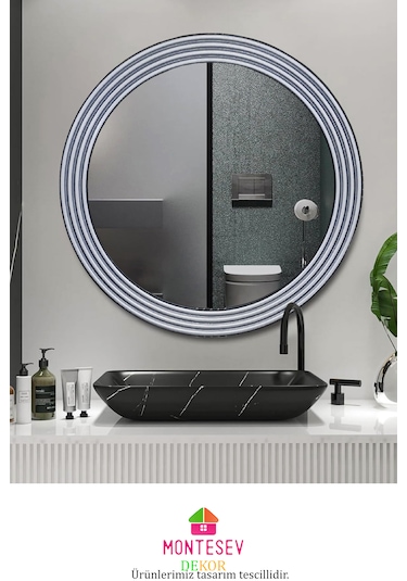 Zümrüt Ahşap Gümüş Yuvarlak Ayna Işlemeli Duvar Banyo Aynası 69cm Gümüş