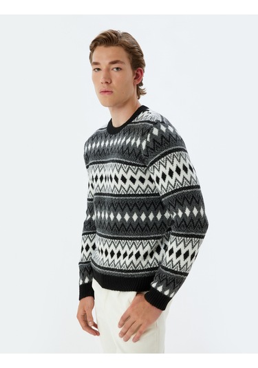 Koton Triko Kazak Bisiklet Yaka Desenli Uzun Kollu Antrasit Desenli 5wam70065ht Antrasit