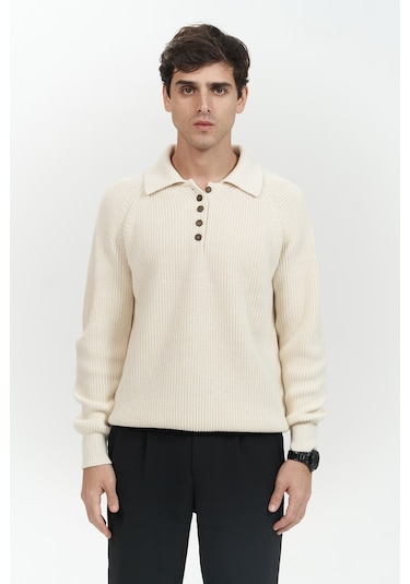 Vander Düğme Detay Ekru Erkek Triko Kazak Ekru