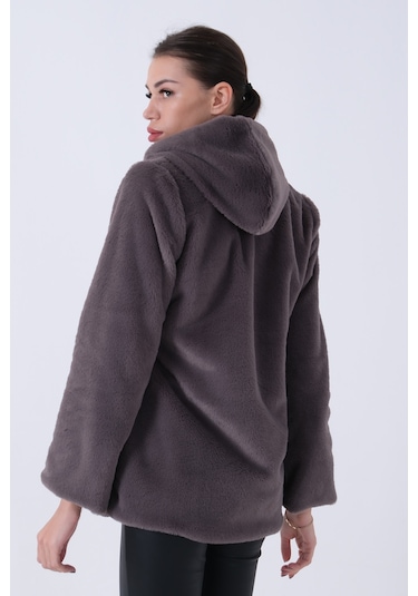 Feminist Gri Fermuarlı Oversize Kapüşonlu Çift Cepli Peluş Mont 0108078.06 Gri