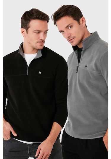 Buratti Slim Fit Anti-Pilling Tüylenme Yapmayan Bato Yaka Şardonlu 2'Li Paket Erkek Polar 5906001S2 Gri-Siyah