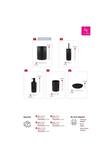 Primanova Flores 5'li Banyo Seti - Siyah Siyah