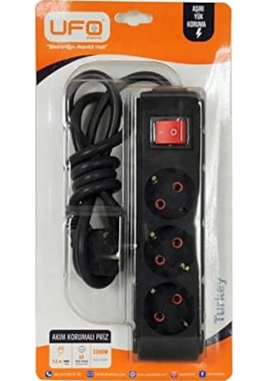 3lü Akım Korumalı Priz 1,5 Metre Kablolu Grup Priz, Max 3500w Aşırı Yük Koruması 3lü Uzatma Kablosu Çoklu Priz Siyah 1