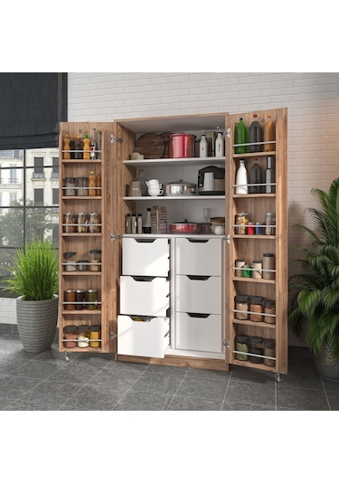 165 Derece Açılabilir 2 Kapaklı, 6 Çekmeceli, Kavanoz Raflı Kiler Ve Erzak Mutfak Dolabı Atlantik Çam