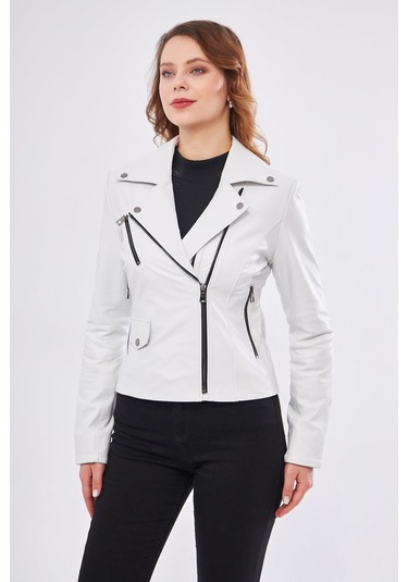 Derinss Dka1202 Hakiki Deri Kadın Beyaz Mont 001