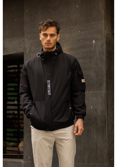 Yarn İçi Astarlı Suya Dayanıklı Kapşonlu Fermuarlı Yağmurluk - Siyah Siyah