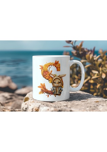 S Harf Sonbahar Yaprak Temalı Kupa Bardak - Sevimli Figürler İle Alfabe Harfli Bardak - Kişiye Özel Beyaz