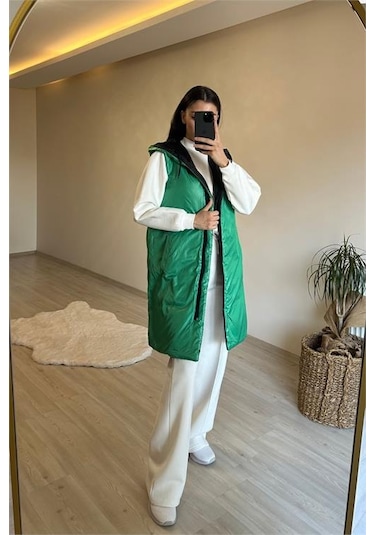 Neşeli Butik Kadın Çift Taraflı Kapüşonlu Şişme Yelek Nm017 Yeşil