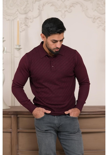 Woolen World Polo Yaka Slimfit Desenli Yünlü Erkek Triko Kazak Bordo