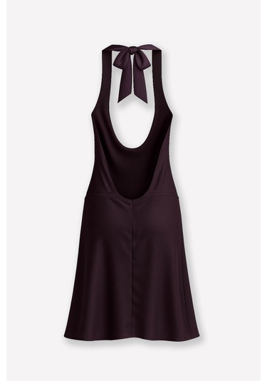 Kadın Boyundan Bağlamalı Sırt Dekolteli Saten Elbise Mürdüm