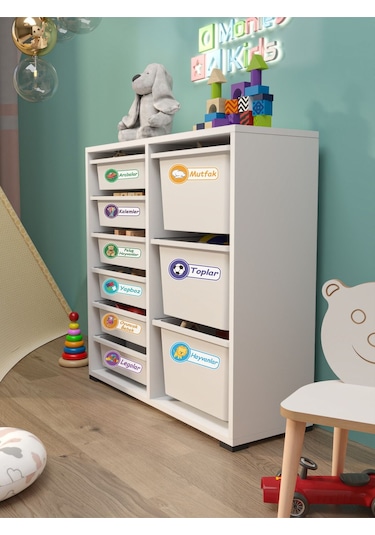 Beyza 9 Sepet Stickerlı Çok Amaçlı Dolap Oyuncak Dolabı Beyaz Beyaz