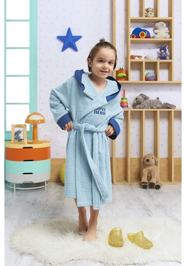 Formeya Kapşonlu Çocuk Bornoz %100 Pamuk Su Emici Mavi Hero Mavi