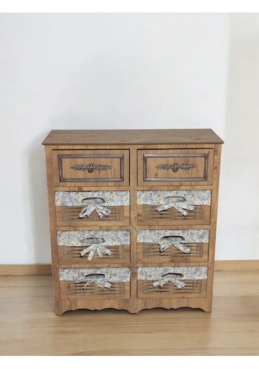 Ahşap 8 Çekmeceli Hasır Görünümlü Sebzelik Atlantik Çam