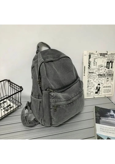 Dawndesslo Gri Denim Sırt Çantası - Kadın Erkek Okul Gezi Seyahat Çantasıbej Bej