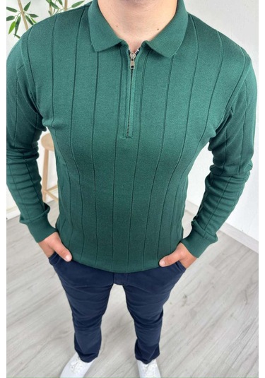 Explode - Erkek Yeşil Çizgili Fermuarlı Polo Yaka Triko Kazak Yeşil